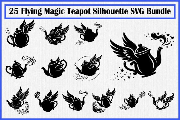 25 Flying Magic Teapot Silhouette: Fantasy Design Assets
