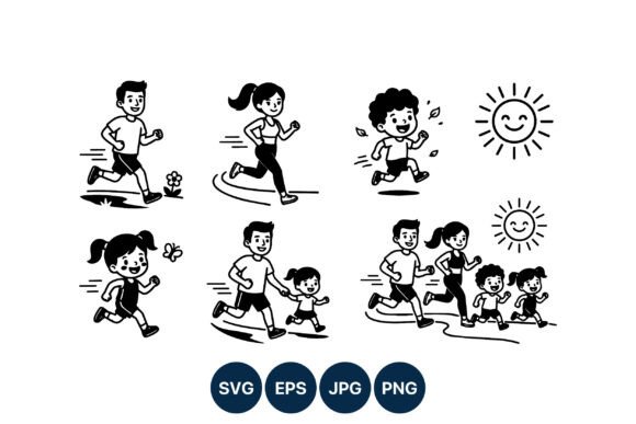 Family Running Line Art Vector: Capture Joyful Motion in Your Projects