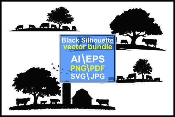 Farm Silhouettes: Cows, Trees, and Barn for Your Designs