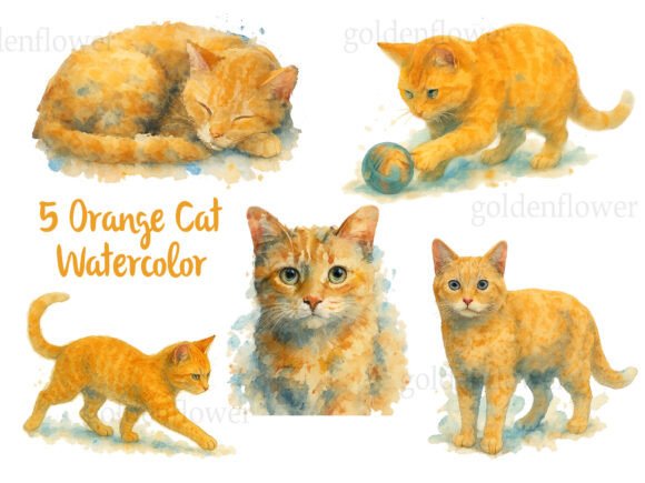 Infuse Your Projects with Playful Energy: 5 Orange Cat Watercolor PNG