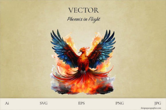 Phoenix in Flight with Flames and Smoke: A Fiery Design Asset