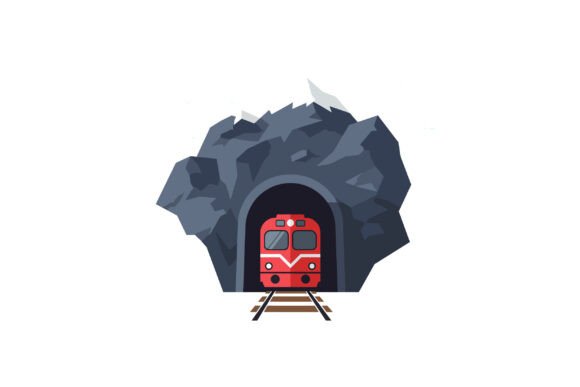 Red Train Emerging from Rocky Mountain T: A Design Asset Unpacked