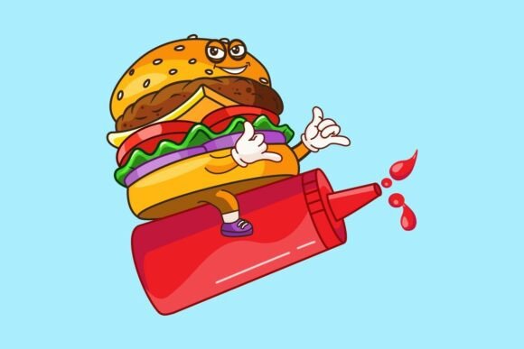 Ride the Wave of Flavor: Burger Character Surfing on Ketchup